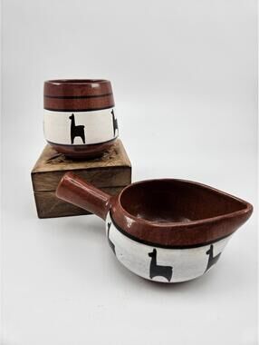 Vintage Los Reyes Peru Hand Painted Llama Mate Cup Dipper Set Folk Art Pottery